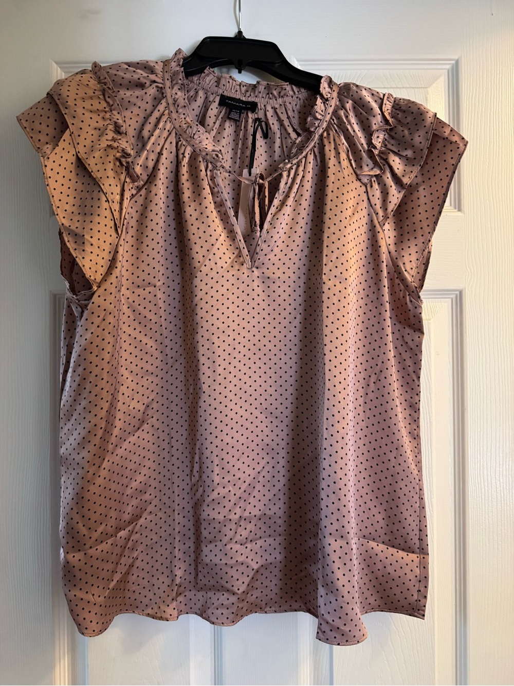 Polka Dot Ruffle Neck Blouse - Dusty Pink